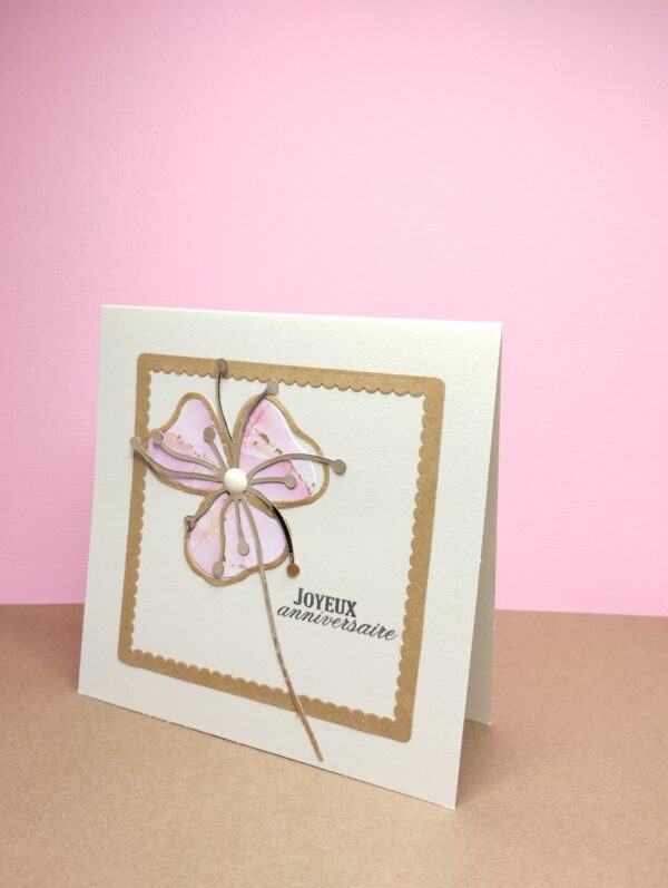 Carte anniversaire fleur rose dorée